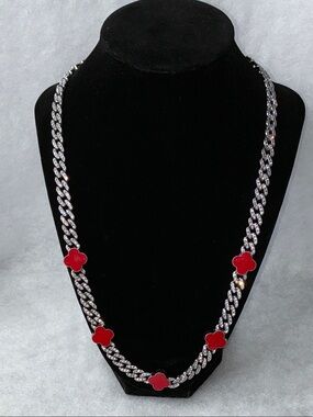 Stainless steelChain Necklace with Red Clover Accents 22”- Men Accessories Jewel
